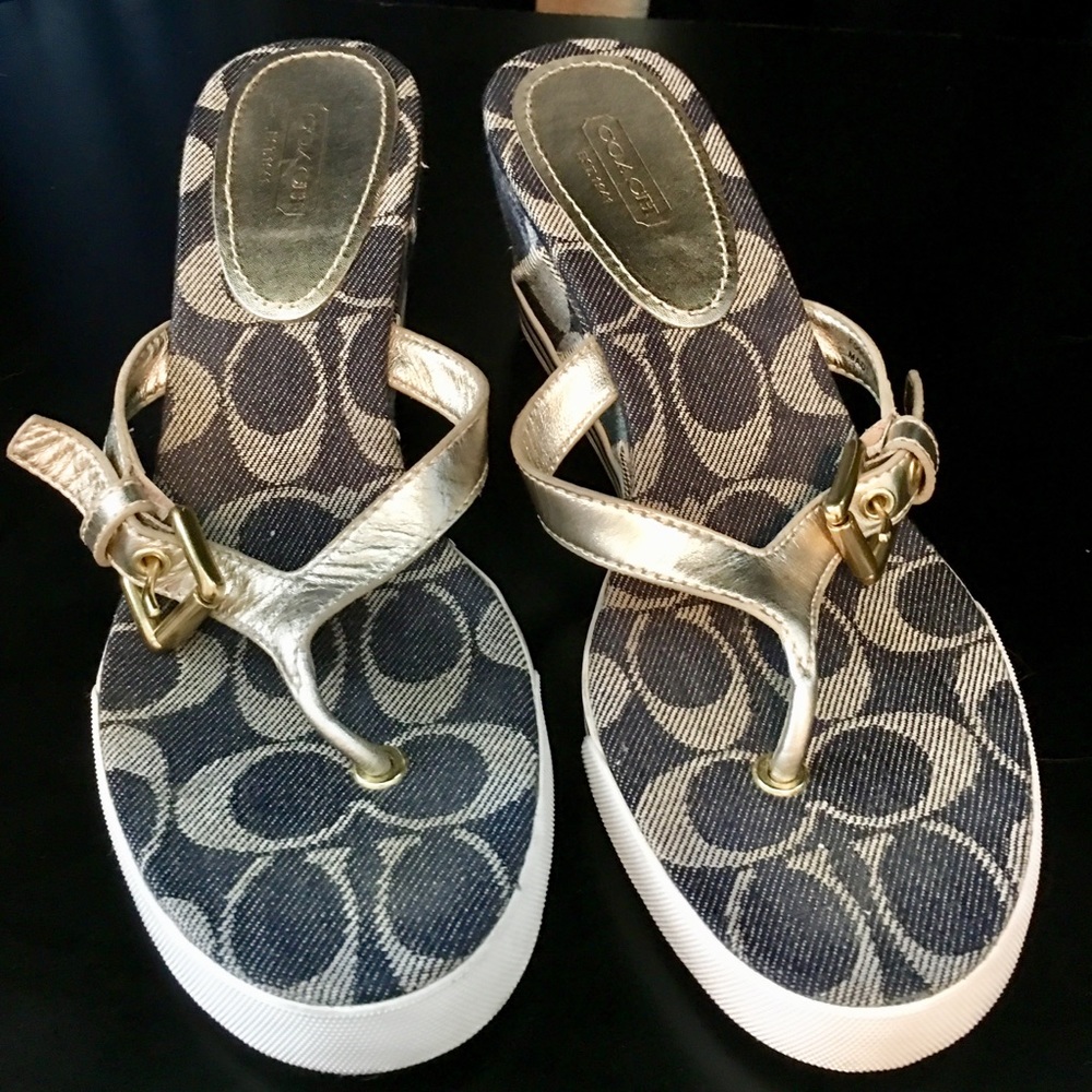 Coach Pristine Silver And Denim Wedge Sandals Gem